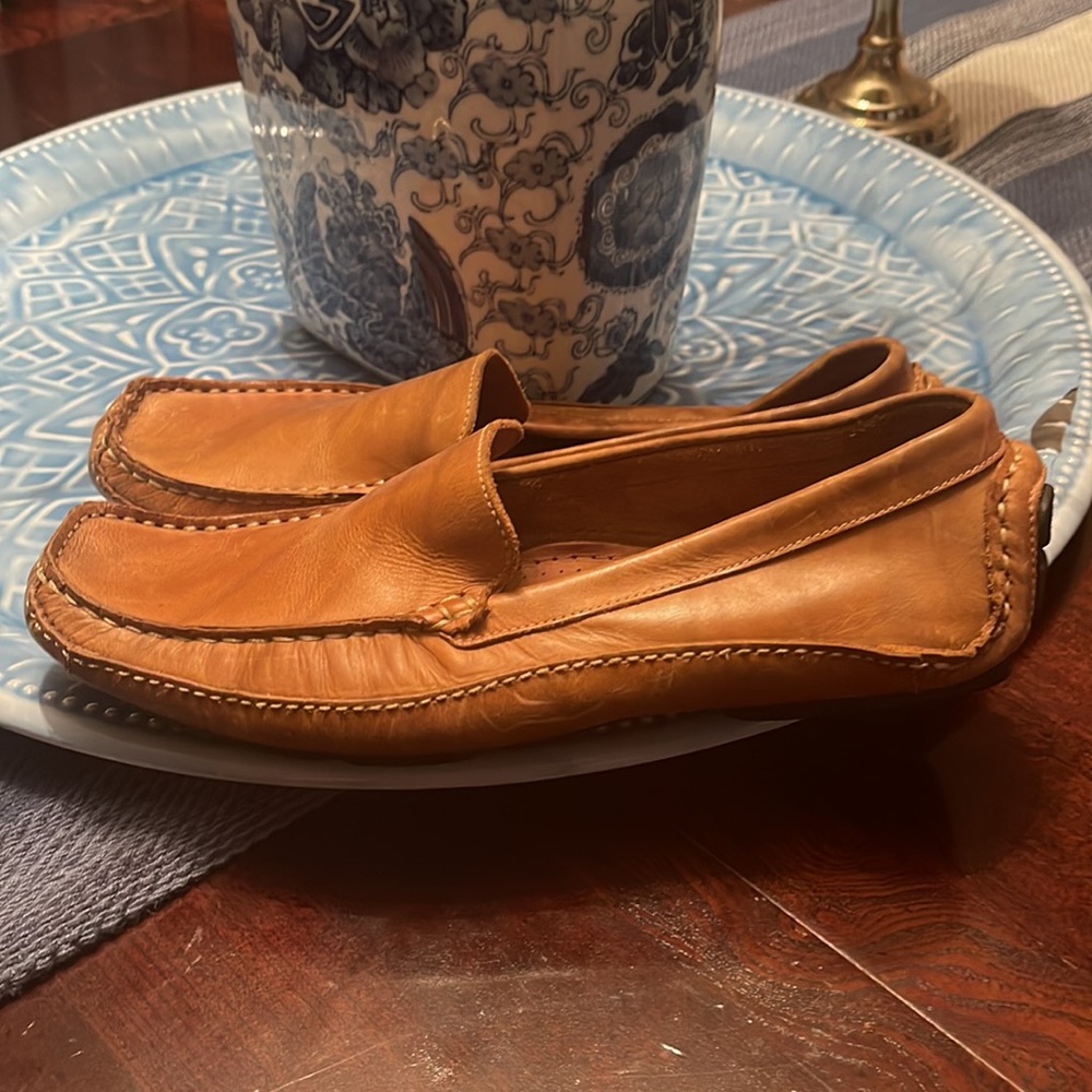 Clarks England cognac camel tan driving loafers shoes sz 7.5 leather - Picture 4 of 7